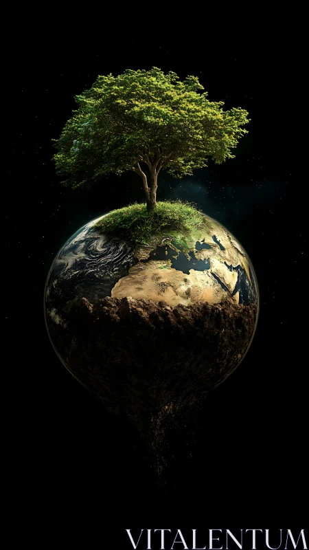 Radiant green tree resting gently atop our glowing Earth.
