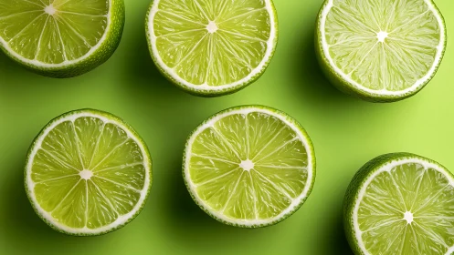 Halved lime fruits are arranged on a uniform green surface