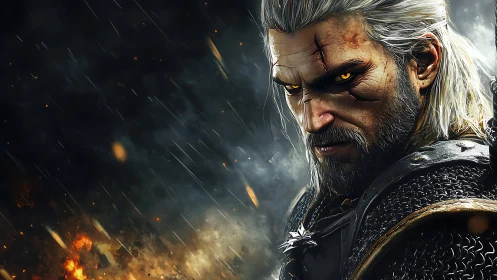 Weathered monster hunter framed by sparks and stormlight.