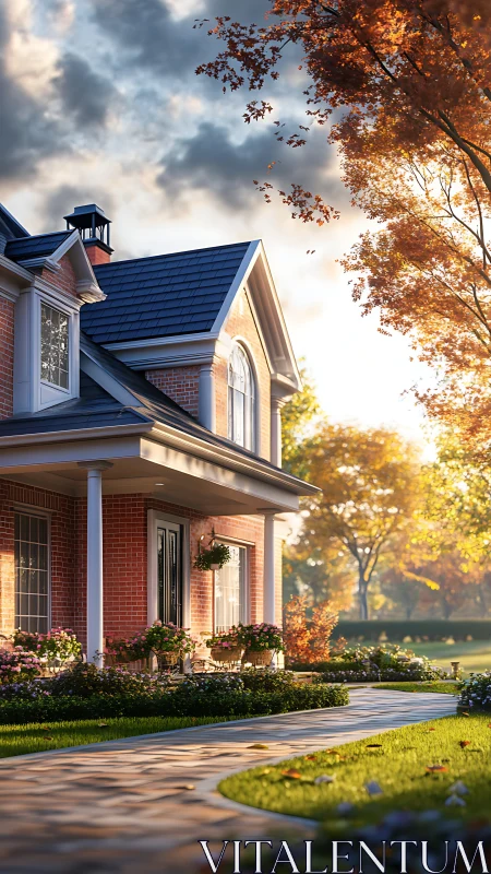 Suburban brick house with autumn landscaping at golden hour