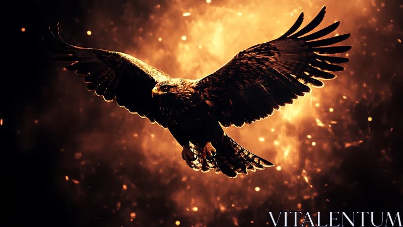 Golden eagle in dramatic fiery backlit flight scene.