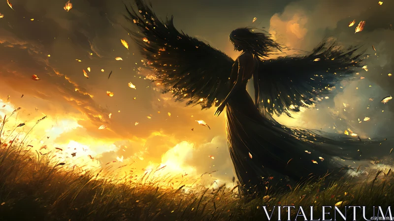 Winged guardian standing in glowing sunset meadow light.