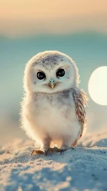 Soft sunrise glow wraps a fluffy baby owl in gentle light