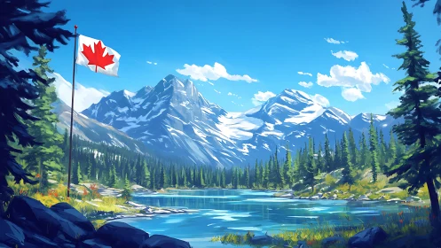 Canadian alpine lake scene shows stylized conifer forest and peaks