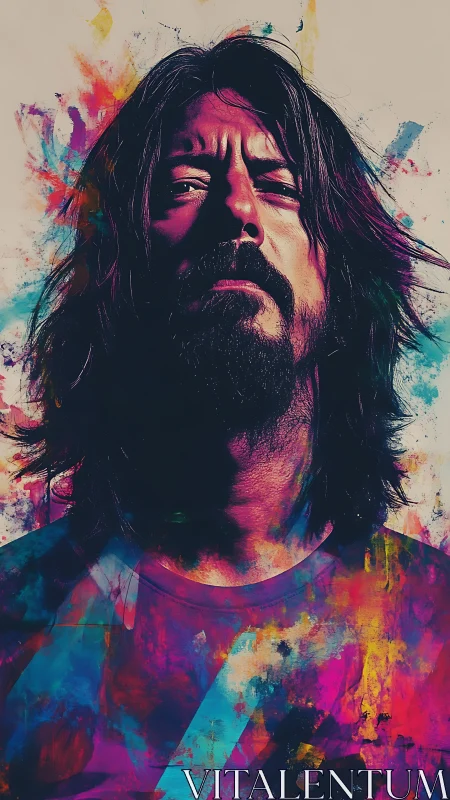 Bold portrait of a bearded man bathed in vivid splashes of color