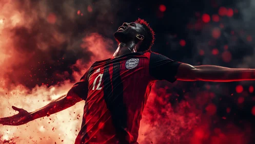 Soccer player in red kit extending arms amid red smoke.