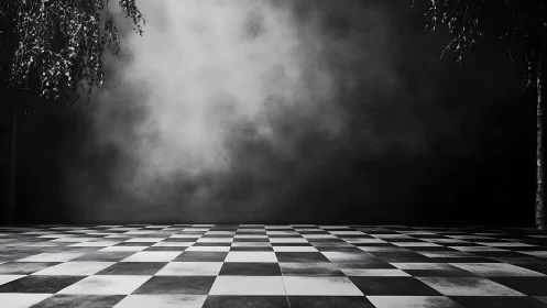 Fog-drenched checkerboard grove awaits untold midnight stories.