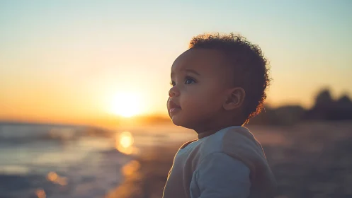 Child observing sunset over water at coastal location