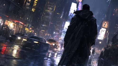 Lone figure in rain-soaked neon city avenue at night.