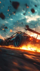 Aerodynamic rally buggy in incendiary high-velocity drift mode.
