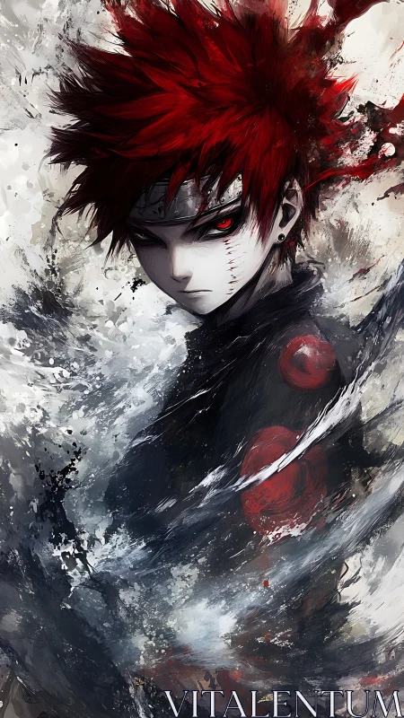 Crimson‑haired anime combatant in turbulent abstract vortex.