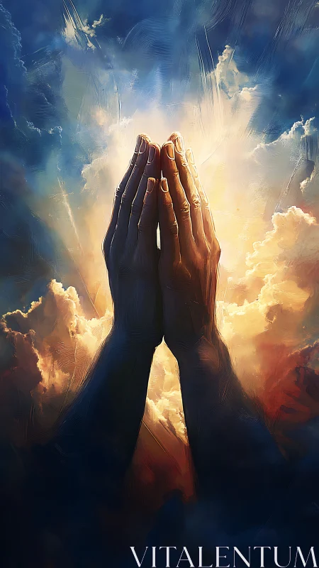 Praying hands rise toward radiant backlit clouds in painterly light