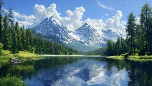 High alpine lake with conifer forest and snowcapped peaks