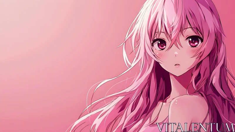 Pink monochrome anime portrait depicts long-haired girl