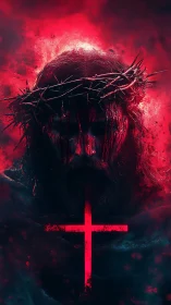 Crowned Christ portrait with neon cruciform glow and scarlet haze