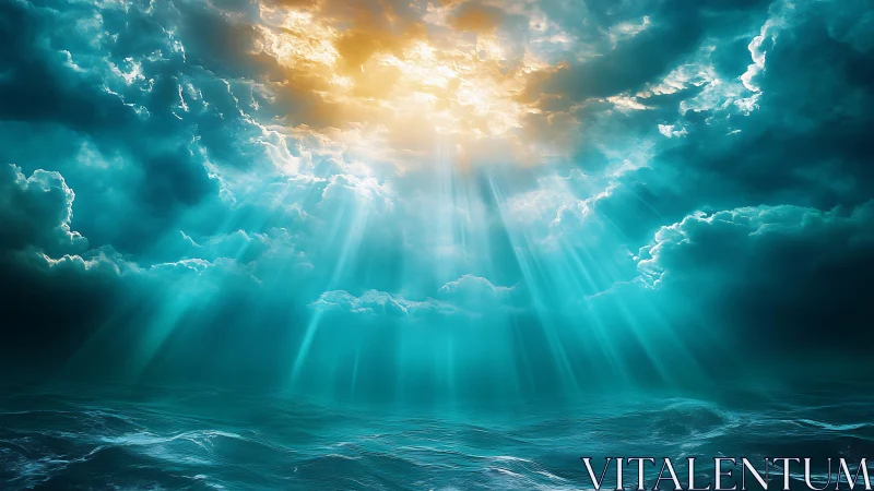 Volumetric sunbeams pierce turbulent teal ocean under dense clouds