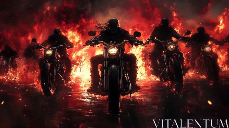 Digital painting of ghost riders emerging through inferno wall.