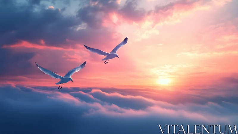 Two seagulls in flight over cloud layer at sunset sky.