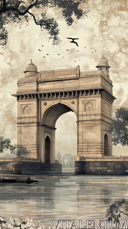 Sunlit stone gateway over calm reflective waters at dusk.