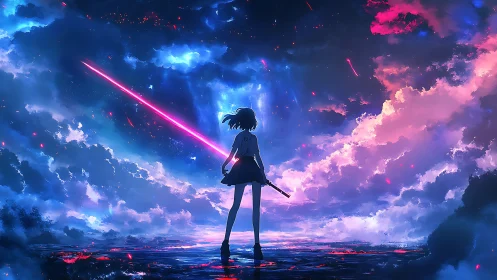 Silhouetted girl with sword under luminous, clouded sky.