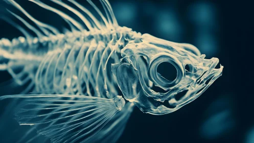 Close-up X-ray Style Image of Fish Skeleton with Blue Tones.
