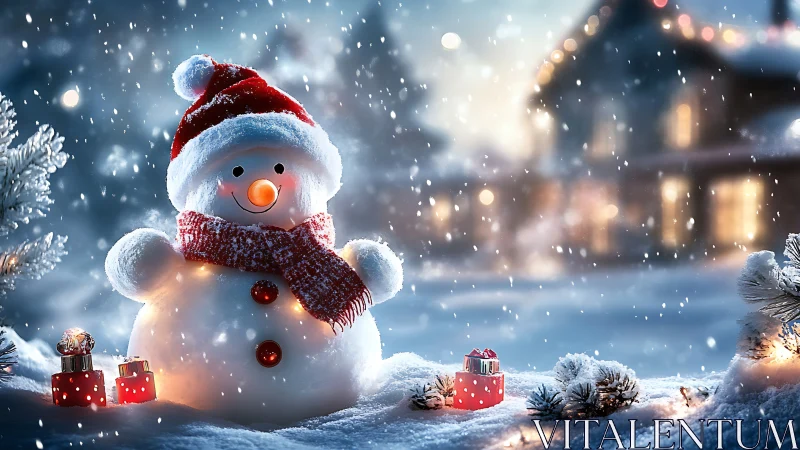 Smiling snowman with gifts in glowing winter snowstorm.
