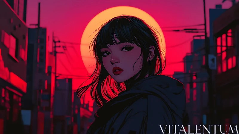 Neon-lit city sunset frames a pensive girl in bold hues