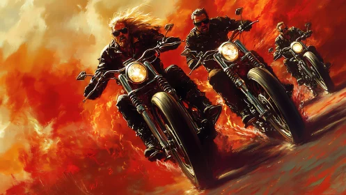 Dynamic digital painting of bikers in blazing motion field.