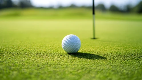 Close-up golf ball on putting green near flagstick hole.