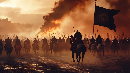 Medieval cavalry charge beneath burning siege skies.