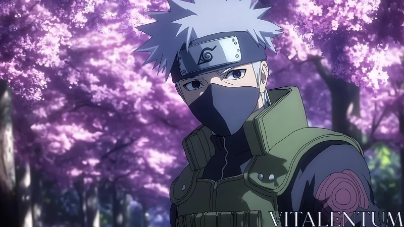 Masked anime ninja stands beneath blooming cherry trees.