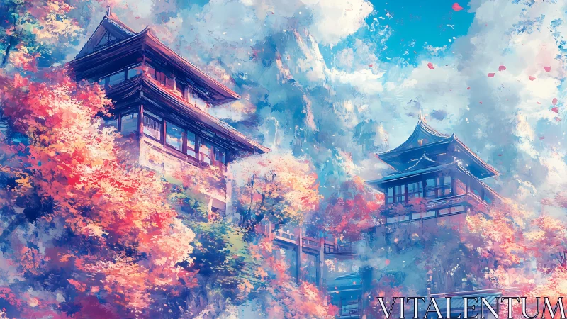 Autumn-lit mountain temples emerge through saturated mist