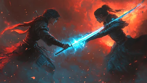 Dueling warriors trade glowing energy blades amid firestorm.