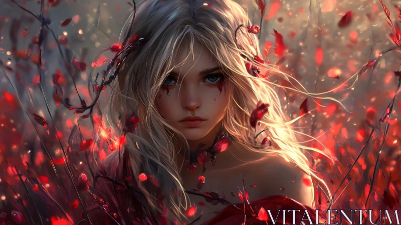 Enchanted girl amid glowing crimson petals at dusk.
