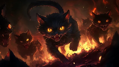 Hellfire felines storm through embers with blazing eyes.
