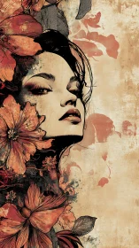 Floral muse rising through sepia dreams and ink-stained petals.