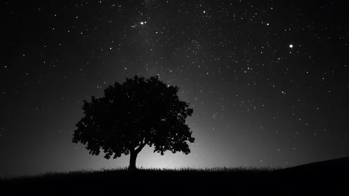Lone deciduous tree silhouette under dense starlit night sky