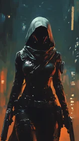 Hooded cyber assassin walks through neon smoke and silence