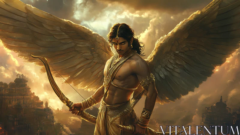 Winged archer claims the stormlit heavens with molten grace