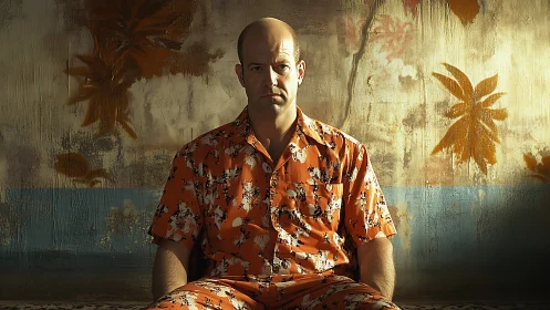 Bald man in orange print suit under moody tropical mural.