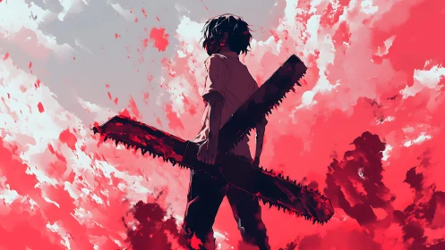 Chainsaw rebel carves a scarlet path through stormy sky