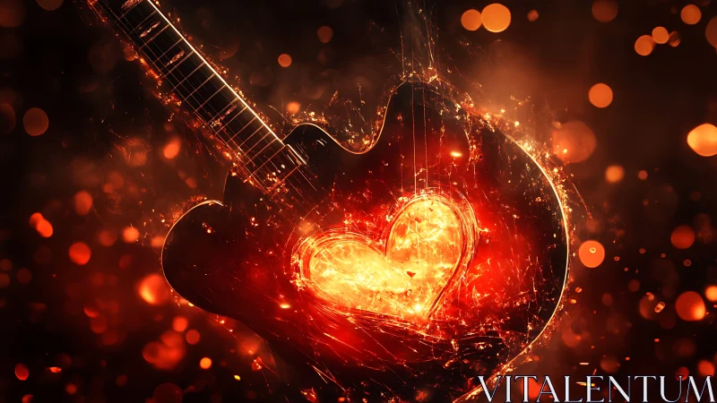 Electric guitar silhouette with central glowing heart core.
