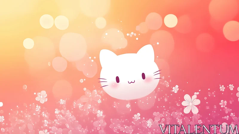 Soft pastel kitty face drifts in a dreamy floral sunset sky
