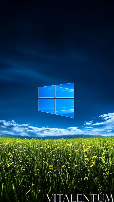 Windows-inspired logo hovering over vivid spring meadow.