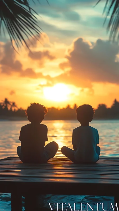 Children on lakeside pier watching calm tropical sunset.