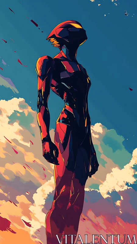 Futuristic armored figure standing against vivid sky.