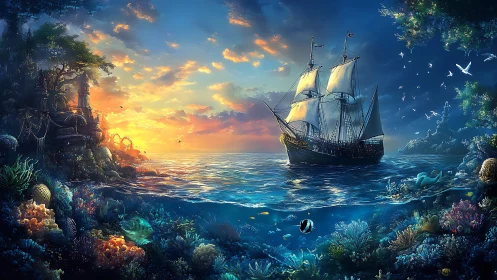Fantasy galleon sailing above glowing coral kingdom at dusk.