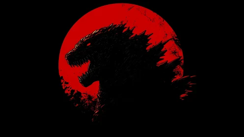 Silhouette of giant reptilian creature before red circle.