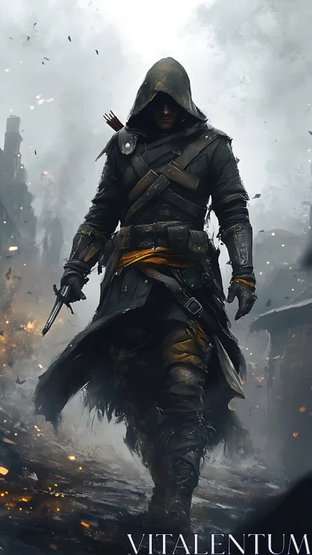 Hooded rogue in cinematic post-apocalyptic alleyway composition.