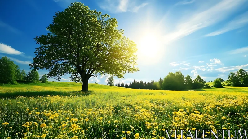 Solitary tree glows above a sunlit meadow of yellow flowers